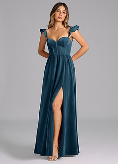 Azazie Denisse Bridesmaid Dresses Blue Topaz A-Line Ruched Velvet Dress image5