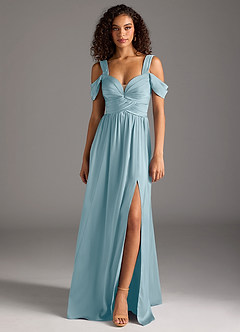 Azazie Lianne Bridesmaid Dresses Moody Blue A-Line Off the Shoulder Stretch Satin Dress image8