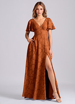 Azazie Kimber Bridesmaid Dresses Burnt Orange A-Line with Pockets Floral Burnout Dress image1
