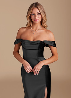 Azazie Saige At-home Try On Dresses Black A-Line Off the Shoulder Metallic Satin Convertible Dress image3