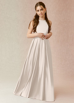 Azazie Arianthe Junior White Alabaster A-Line with Pockets Stretch Satin Dress image2