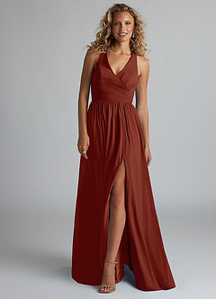 Azazie Kecia Final Sale Terracotta A-Line V-Neck Stretch Chiffon Dress image4