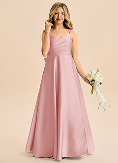 Azazie Rumi Junior Powder Pink A-Line Pleated Stretch Satin Dress image4