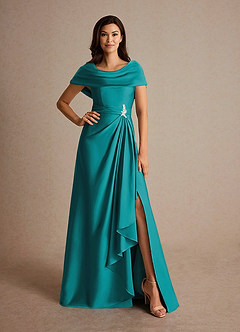 Azazie Branford Mother of the Bride Dresses Teal A-Line Pleated Stretch Satin Dress image5