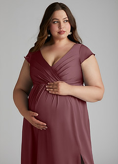 Azazie Allessia Robes de demoiselle d'honneur de maternité Robe Trapèze Plissée Longueur ras du sol Satin extensible image13