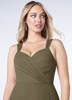 Azazie Nahrin Vestidos de damas de honor Vestido de Verde Sauce de Gasa de Corte en A con Cuello en V Plisado image5