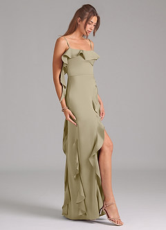 Azazie Malia Bridesmaid Dresses Moss Green A-Line Side Slit Stretch Satin Dress image5