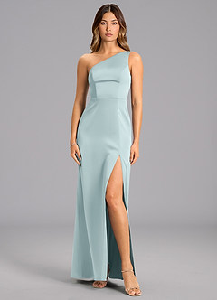 Azazie Phaedra Bridesmaid Dresses Mist A-Line One Shoulder Stretch Satin Dress image1