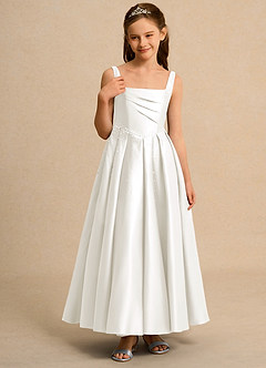 Azazie Mochi Girl Jurken voor bloemenmeisjes Baljurk Jurk van Mat Satijn Geplooid Ivoor image5