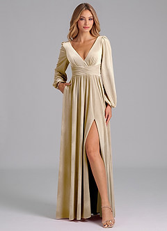 Azazie Norah Bridesmaid Dresses Champagne A-Line Long Sleeve Velvet Dress image3