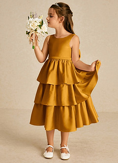 Azazie Margery Flower Girl Dresses Butterscotch A-Line Bow Stretch Satin Dress image4
