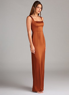Azazie Flori Bridesmaid Dresses Cinnamon Sheath Side Slit Stretch Satin Dress image3