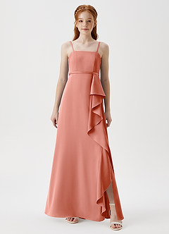 Azazie Kaylee Junior Coral A-Line with Belt Stretch Satin Dress image3