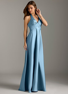 Azazie Tessie Bridesmaid Dresses Steel Blue A-Line Pleated Stretch Satin Dress image4