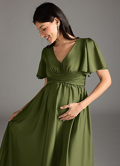 Azazie Verna Maternity Bridesmaid Dresses A-Line Ruched Stretch Satin Floor-Length Dress image1