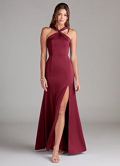 Azazie Rue Bridesmaid Dresses Burgundy Mermaid Pleated Stretch Satin Dress image3