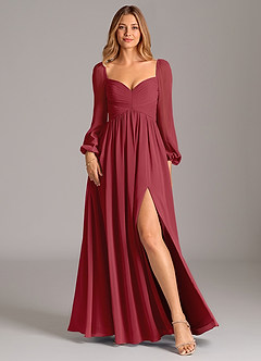 Azazie Bailee 신부 들러리 드레스 A라인 긴팔 쉬폰 바닥 길이 드레스 image1