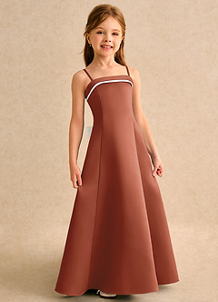 Azazie Izel Girls Formal vestidos de niña de las flores Vestido de Marfil Castaño de Satin Mate de Corte en A con Plisado image3