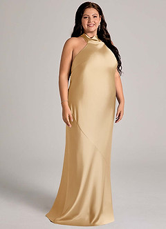 Azazie Velli Bridesmaid Dresses Gold Mermaid High Neck Stretch Satin Dress image9