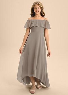 Azazie Maggie Junior Taupe A-Line Off the Shoulder Chiffon Dress image5