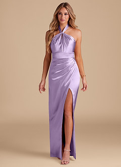 Azazie Zaya Bridesmaid Dresses Lilac Sheath Pleated Metallic Satin Dress image3