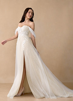 Azazie Seradine Wedding Dresses Diamond White Champagne A-Line Off the Shoulder Beading Dress image2