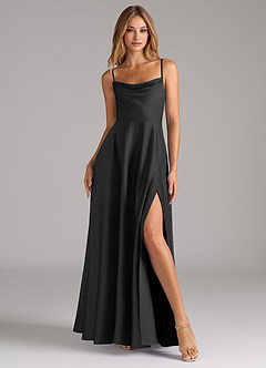 Azazie Elle Bridesmaid Dresses Black A-Line Pleated Stretch Satin Dress image4