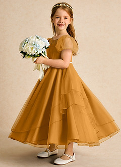 Azazie Duckie Robe Demoiselle D'honneur Fillette Robe Princesse en Tulle Plissée Caramel écossais image4