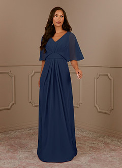 Azazie Oksana Mother of the Bride Dresses Dark Navy A-Line V-Neck Pleated Chiffon Dress image2