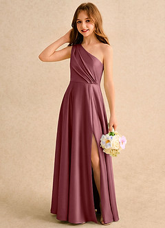 Azazie Puddles Girls Formal Robe Demoiselle D'honneur Fillette Robe Trapèze en Satin extensible Une épaule Rose Du Désert image3