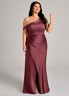 Azazie Madelyn Jurken voor bruidsmeisjes Converteerbaar Jurk van Stretch Satijn met Zeemeermin One-Shoulder Merlot image13