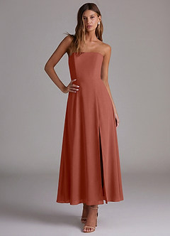 Azazie Wren 신부 들러리 드레스 A라인 스트랩리스 쉬폰 발목 길이 드레스 image5