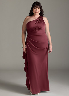 Azazie Latrice Bridesmaid Dresses Merlot Sheath One Shoulder Cascading Ruffles Stretch Satin Dress image6