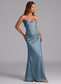 Azazie Claudelle At-home Try On Dresses Dusty Blue Mermaid Strapless Stretch Satin Dress image4