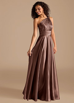 Azazie Charlize Bridesmaid Dresses Espresso A-Line One Shoulder Metallic Satin Dress image6