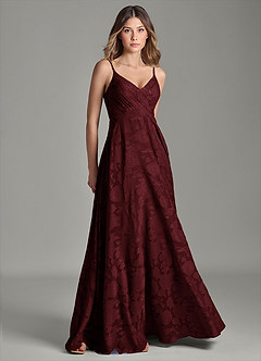 Azazie Amani 신부 들러리 드레스 A라인 주름진 플로럴 번아웃 바닥 길이 드레스 image1