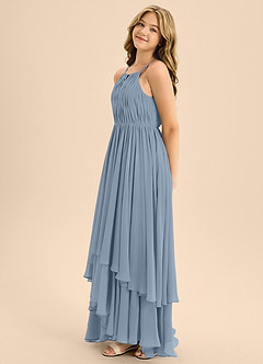 Azazie Elliora Junior Abito A-Line in Chiffon Plissettato Blu Polveroso image6