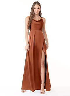 Azazie Naomie Bridesmaid Dresses Cedar Rose A-Line Cowl Neckline Side Slit Stretch Satin Dress image1