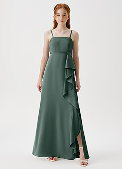 Azazie Kaylee Junior Robe Trapèze en Satin extensible avec ceinture Mousse De Mer image1