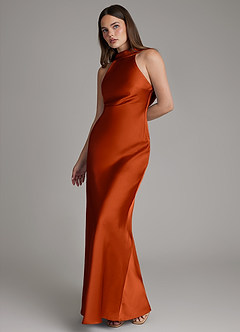 Azazie Dimitra Bridesmaid Dresses Paprika A-Line Pleated Stretch Satin Dress image6