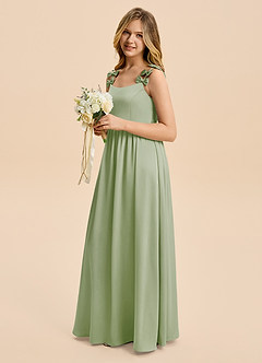 Azazie Poppy Junior Dusty Sage A-Line Pleated Stretch Satin Dress image3