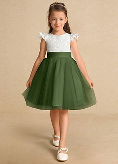 Azazie Vetty vestidos de niña de las flores Vestido de Marfil Oliva de Tul de Corte En A con Encaje image6