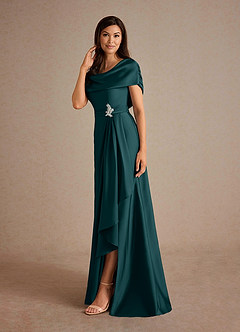 Azazie Branford Mother of the Bride Dresses Pine A-Line Pleated Stretch Satin Dress image2