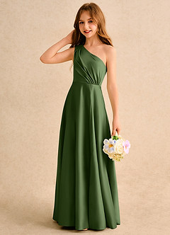 Azazie Puddles Junior Formal Jurken voor bloemenmeisjes A-Lijn Jurk van Mat Satijn One-Shoulder Olijf image6