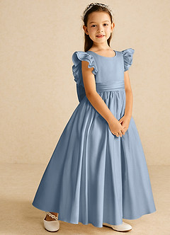 Azazie Piglette Flower Girl Dresses Dusty Blue A-Line Bow Matte Satin Dress image5