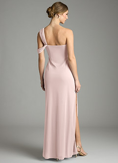 Azazie Tati Final Sale Blushing Pink Sheath Off the Shoulder Mesh Dress image5