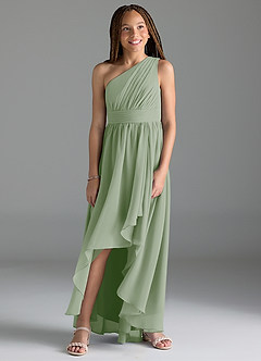 Azazie Mathilda Junior Dusty Sage A-Line Pleated Chiffon Dress image4