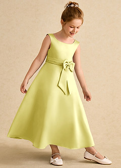 Azazie Eve Flower Girl Dresses Lemon Sorbet A-Line Pleated Matte Satin Dress image3