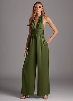 Azazie Oli Bridesmaid Dresses Olive Pleated Stretch Satin Jumpsuit image4