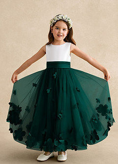 Azazie Vi Robe Demoiselle D'honneur Fillette Robe Trapèze en Tulle Sans manches Vert Pin image5